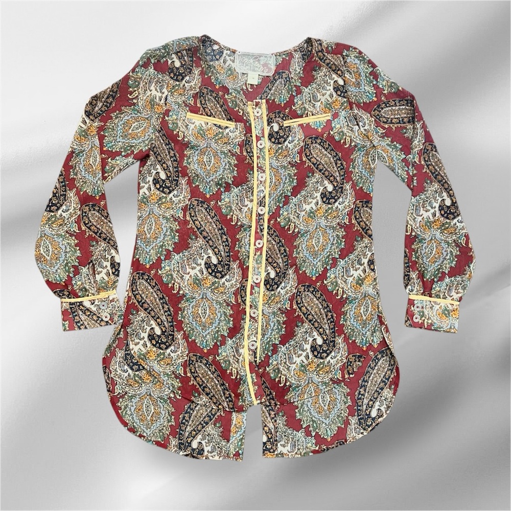 Nick & Mo Burgundy Paisley Semi Sheer Collar Buttonup Shirt Size Medium